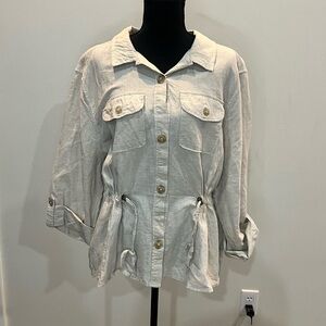 Liz Claiborne Womens‎ Sz XL Safari Style Blouse Roll Tab Drawstring Khaki Linen